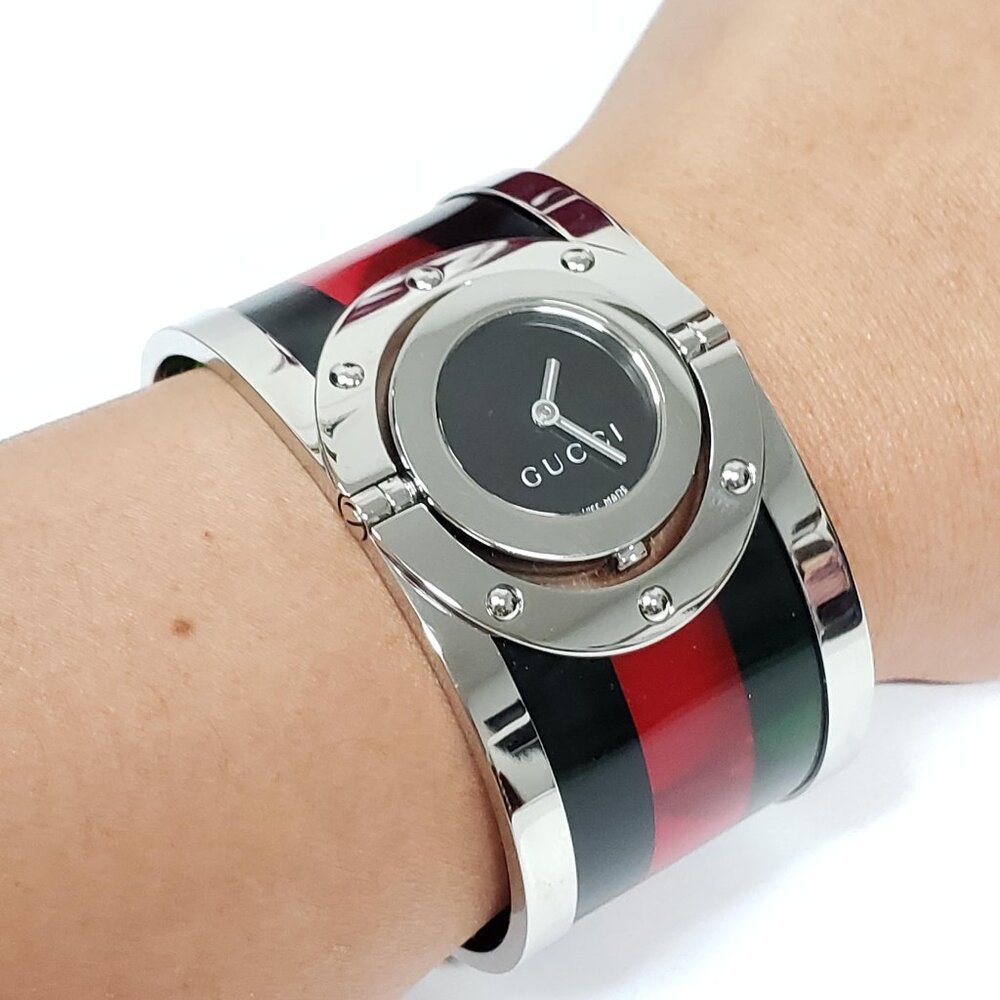 Authentic Gucci Web Stripe Bangle Watch Black Dial Cuff BraceletLuxury Timepiece